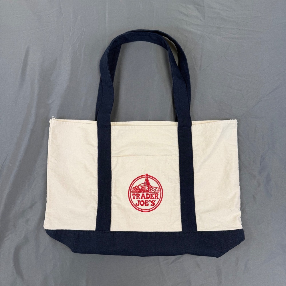 Trader Joe's Canvas Tote Bag Navy Blue Cream Reusable Grocery Shopper Logo